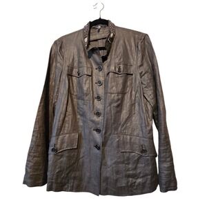 Luisa Cerano Linen Blend Military Jacket Women's 14 Brownish Gray Beaded Pockets